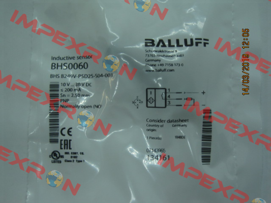 P/N: BHS0060 Type: BHS B249V-PSD25-S04-003 Balluff