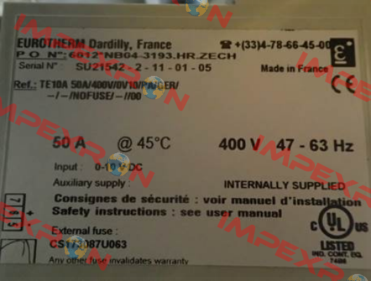 TA10A 50A/400V/0V10/PA/GER Replaced by MODEL (EFIT) Single Phase Power Controller Eurotherm