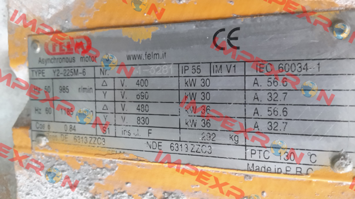 Type: Y2-225M-6 obsolete, replaced by F2 225M-6.  Felm